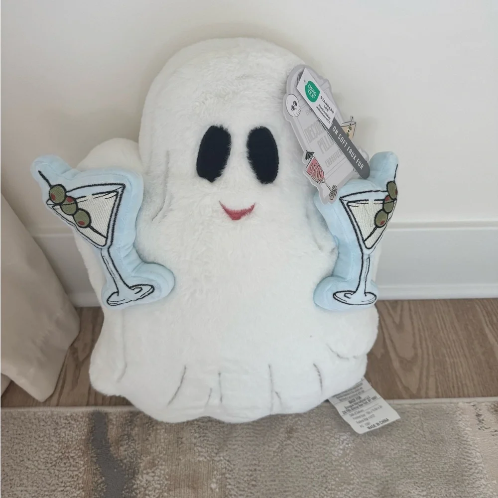 Plush Ghost Pillow with Martini Glasses - White